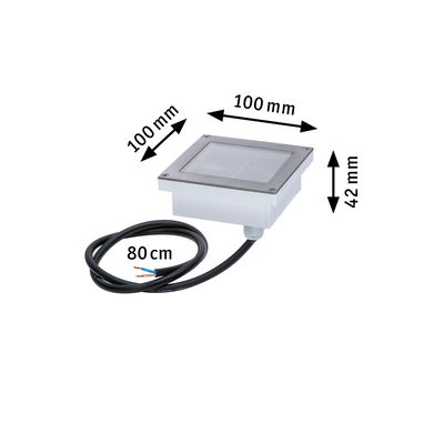 Square stainless steel recessed light in silver with 80 cm cable and dimensions 100x100x42 mm