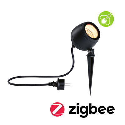 Black LED outdoor spotlight with ground spike and cable, compatible with Zigbee smart home system.
