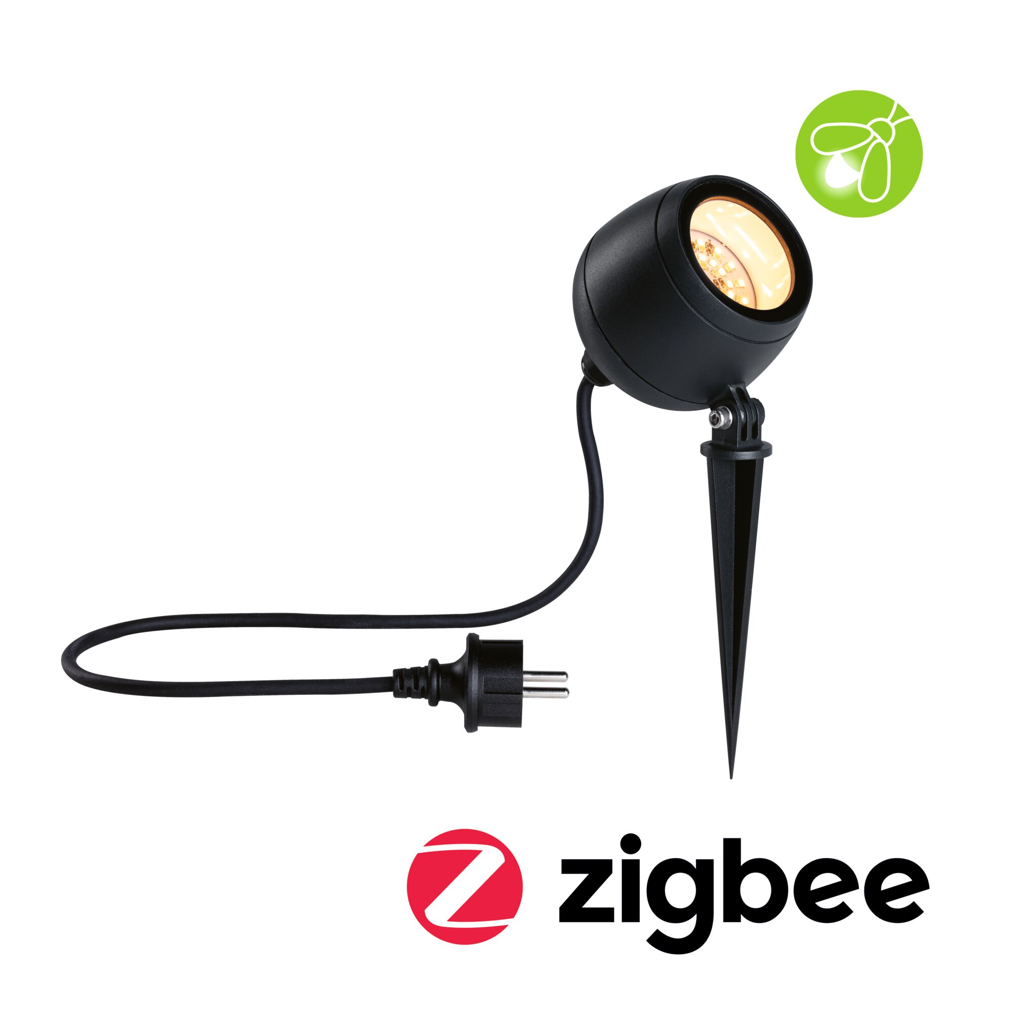 Projecteur de jardin LED Smart Home Zigbee 3.0 Kikolo favorable aux insectes IP65 90mm Tunable Warm 6,2W 400lm 230V 80° Anthracite Matière plastique/Aluminium Projecteur LED extérieur noir avec piquet de terre et câble, compatible avec système domotique Zigbee.