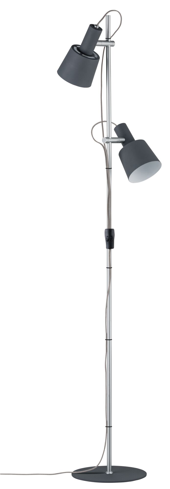 Lampadaire avec deux abat-jours métalliques gris et pied argenté, éclairage réglable pour salon