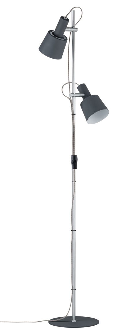 Lampadaire avec deux abat-jours métalliques gris et pied argenté, éclairage réglable pour salon
