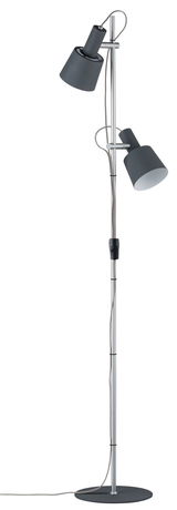Floor lamp with two grey metal shades and silver stand, adjustable lighting for living spaces