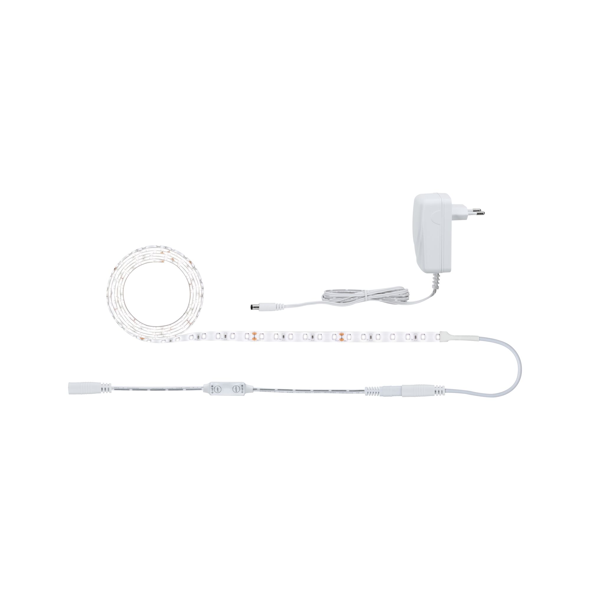 Bande LED blanche avec adaptateur secteur et câble de contrôle pour éclairage polyvalent.