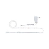 White LED strip with power adapter and control cable for versatile lighting setups.