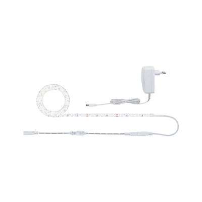 White LED strip with power adapter and control cable for versatile lighting setups.