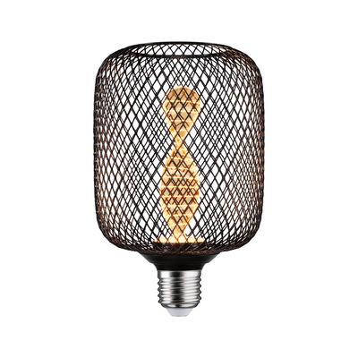 LED-Lampe mit schwarzem Metallgitter und warmweißem Spiralfadenlicht für dekorative Beleuchtung