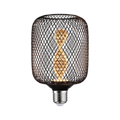 Ampoule LED avec grille métallique noire et filament en spirale blanc chaud pour éclairage décoratif