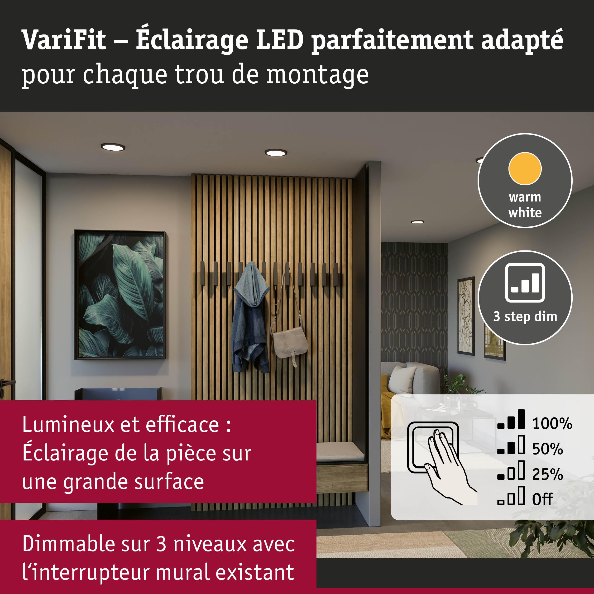 Salon moderne avec éclairage LED blanc chaud et variateur à 3 niveaux intégré au plafond