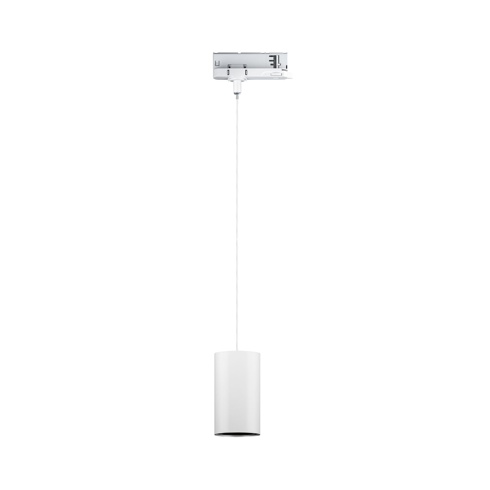 Modern white cylindrical metal pendant light with slim cable for indoor lighting
