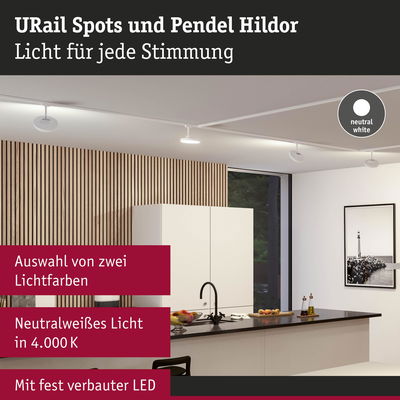 Moderne weiße URail LED-Spots an Decke in Küche mit Holzpaneelwand und schwarzer Arbeitsplatte