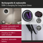 Black LED wall light with USB-C charging cable and replaceable battery for extended burn time