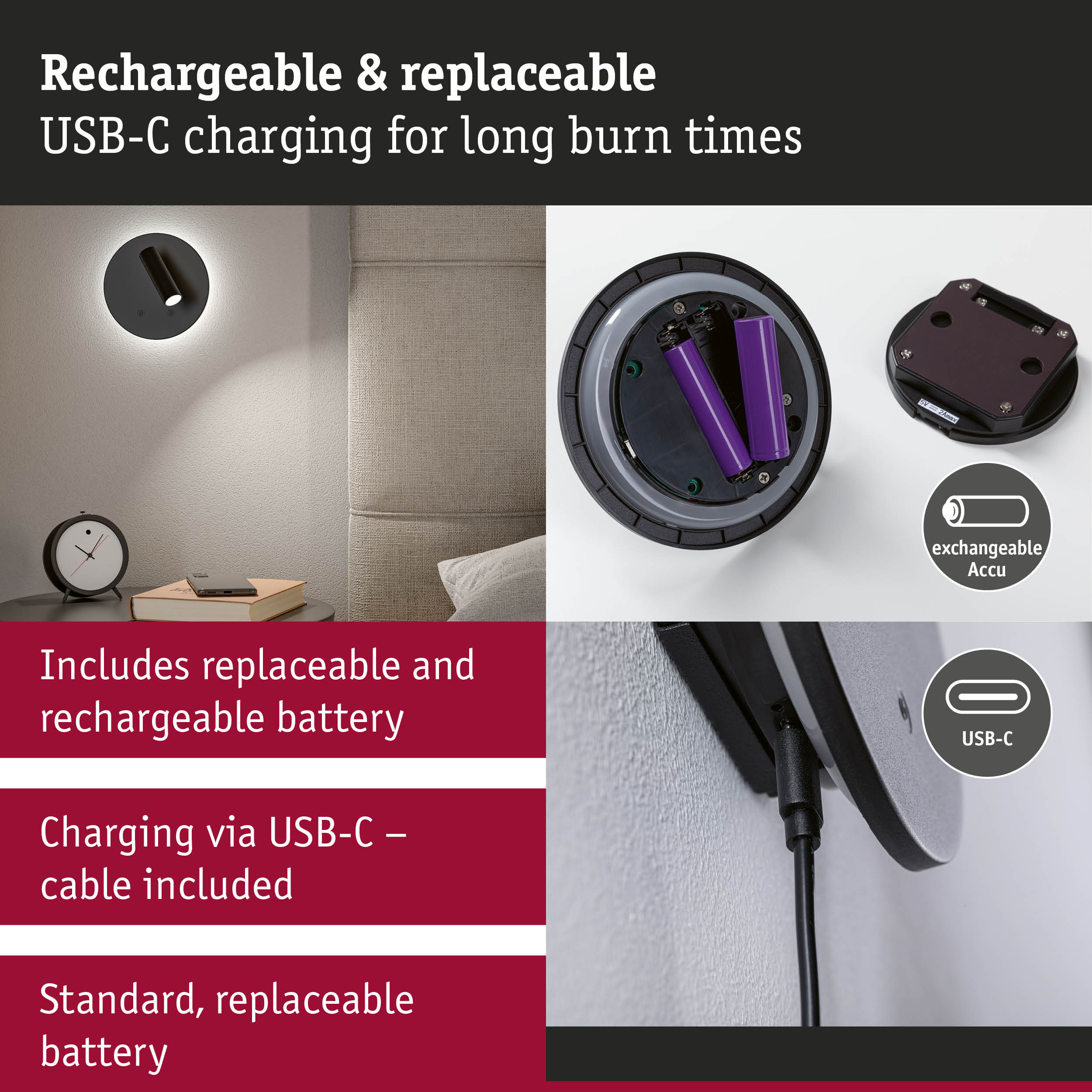Black LED wall light with USB-C charging cable and replaceable battery for extended burn time