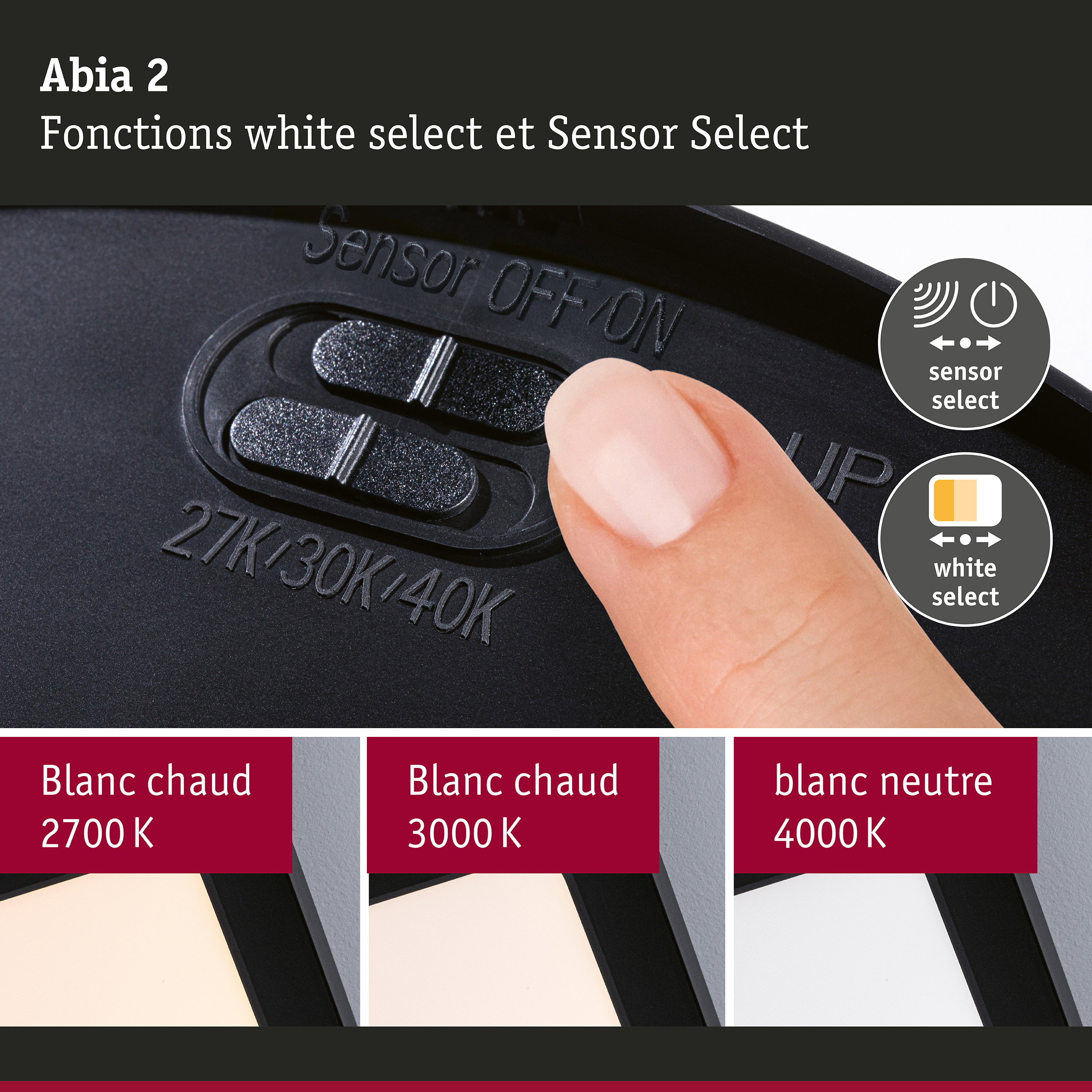 Panneau LED Abia 2 White Select Détecteur de mouvement crépusculaire (HF) carré 300x300mm 14W 900lm White Select Noir