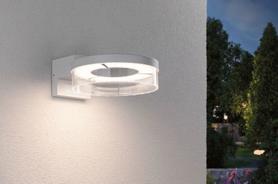 Moderner weißer LED-Wandleuchter mit transparentem Ring für Außenbereiche und Gartenbeleuchtung.