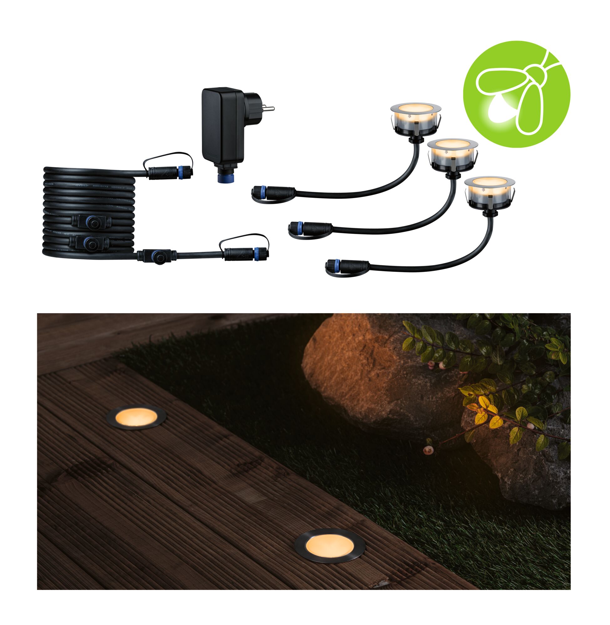 Plug & Shine LED Zapuštěné podlahové svítidlo Floor Základní sada Vhodné pro hmyz IP67 2200K 3x2W 21VA Stříbrná LED-Einbauleuchten Set mit schwarzem Kabel und warmweißem Licht für Garten und Terrasse Beleuchtung