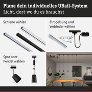 Modulares URail-Schienensystem mit schwarzen und weißen Schienen, Spots und Pendelleuchten für flexible Beleuchtung
