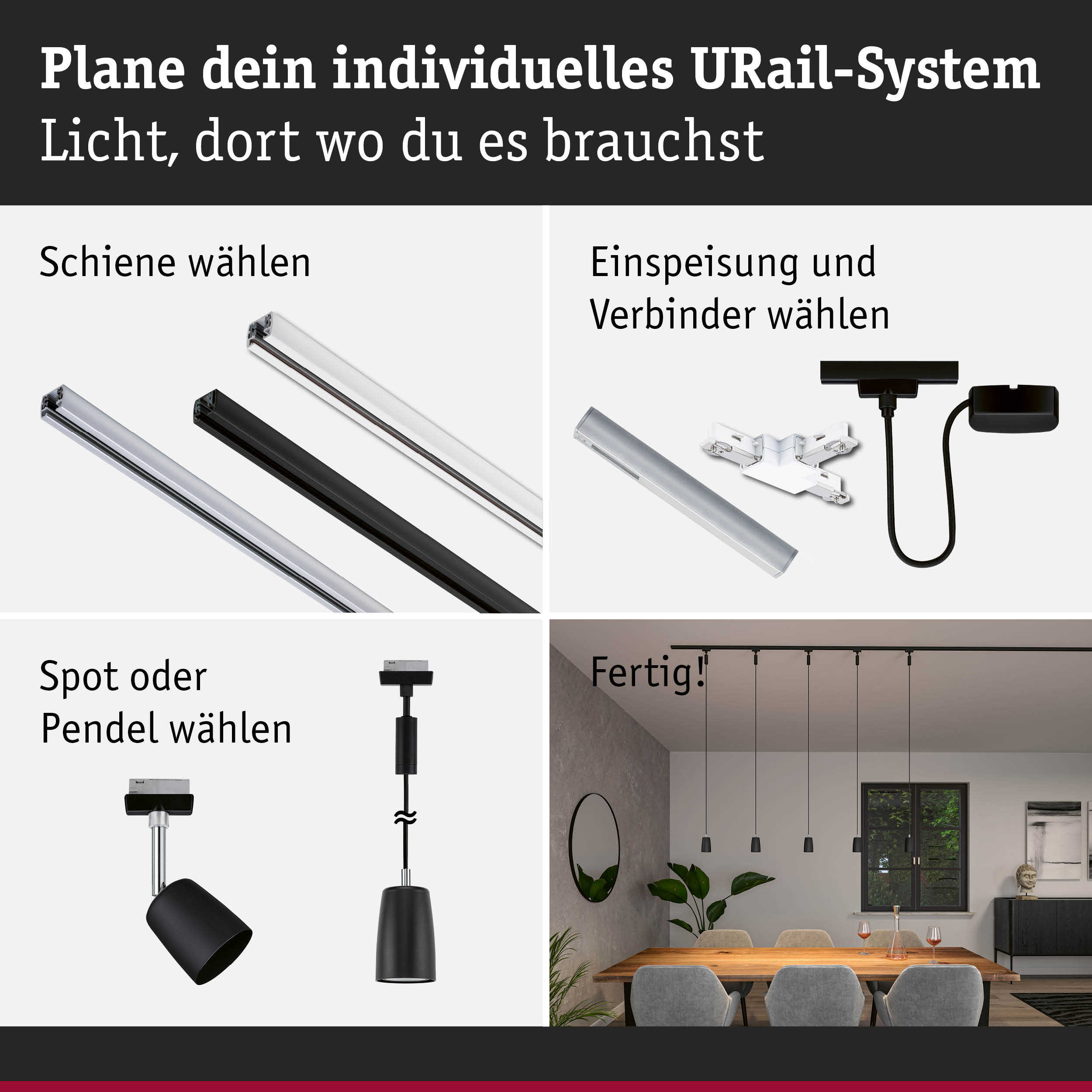 Modulares URail-Schienensystem mit schwarzen und weißen Schienen, Spots und Pendelleuchten für flexible Beleuchtung