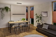 Moderner Essbereich mit Holz-Metall-Tisch, schwarzen Stühlen und minimalistischer Pendelleuchte in warmem Licht