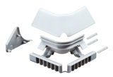 White plastic corner connector set for LED strips with clips and pins for flexible lighting setup
