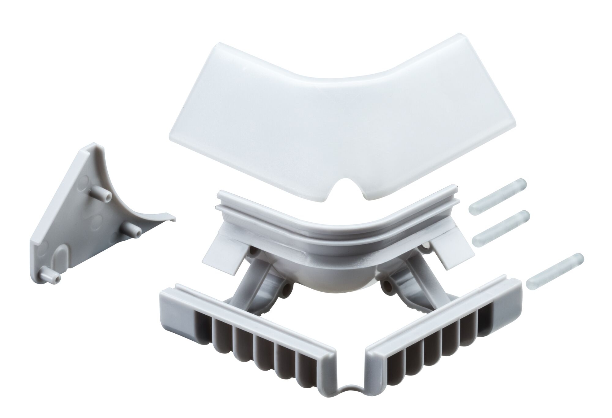 Weißes Kunststoff-Eckverbinder-Set für LED-Leisten mit Clips und Stiften für flexible Lichtinstallation