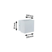 White square metal wall light measuring 100x100x93 mm for indoor lighting
