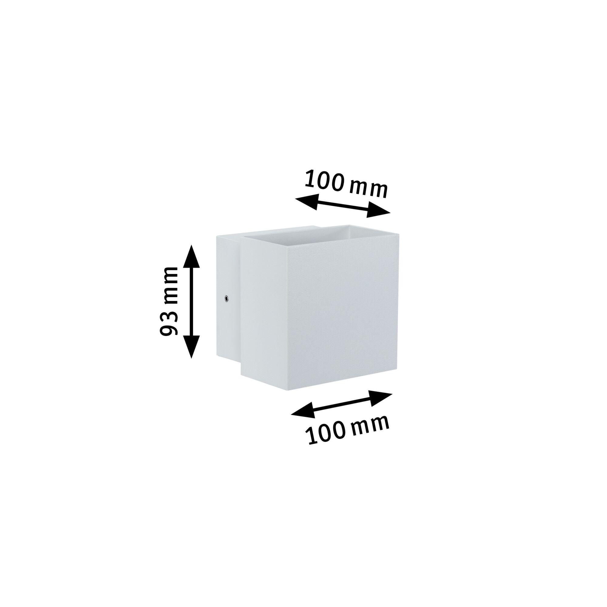 White square metal wall light measuring 100x100x93 mm for indoor lighting