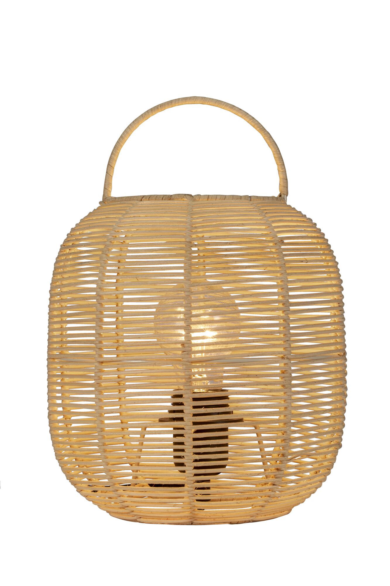 Round natural rattan table lamp with visible bulb and handle, ideal for cozy home lighting