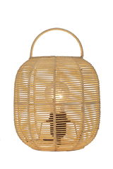 Runde Rattan-Tischlampe in Naturfarbe mit sichtbarer Glühbirne und praktischem Griff für Wohnräume