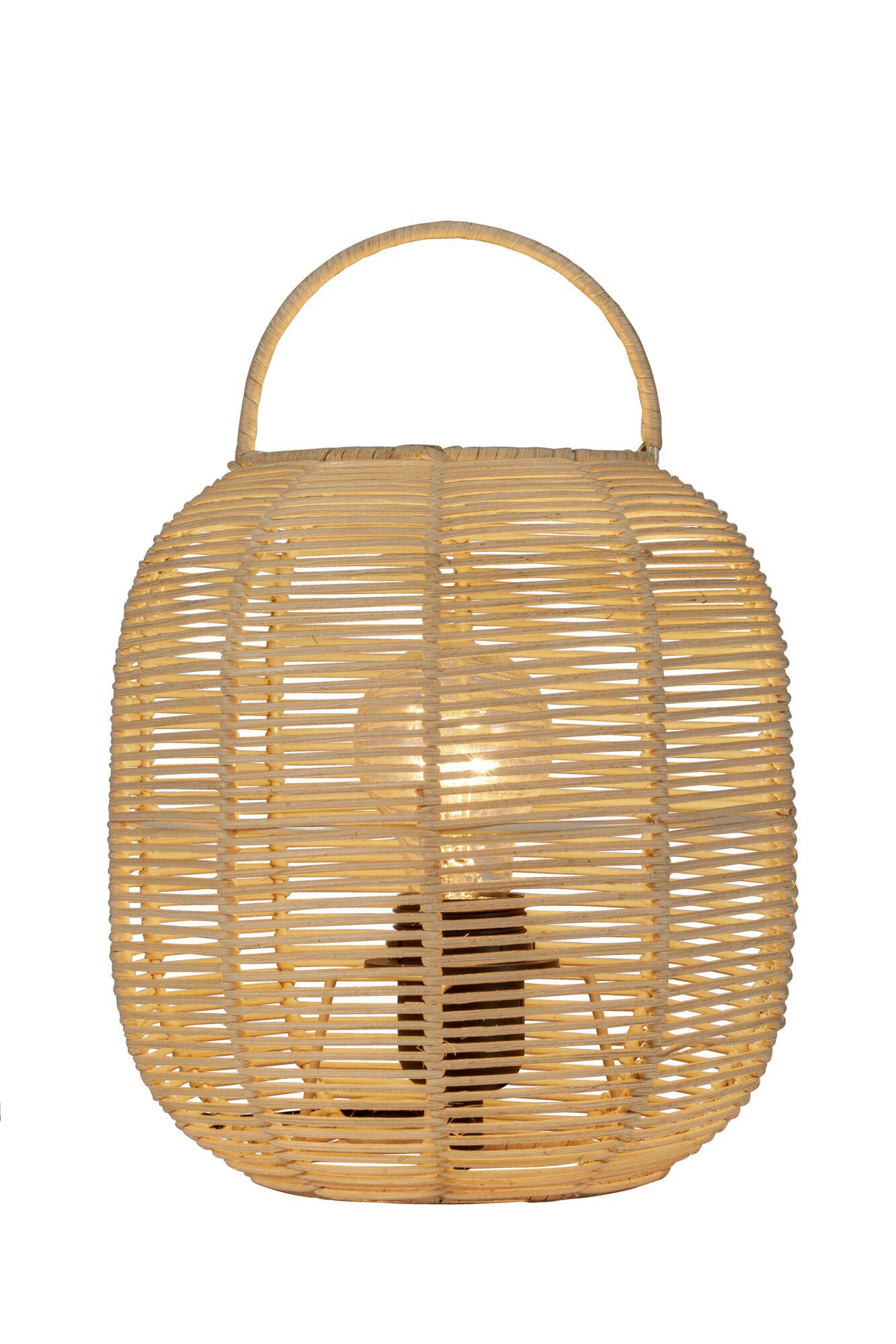 Suspension ronde en matériau naturel tressé beige avec ampoule visible pour pièces à vivre