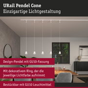 URail Pendel Cone weiße Design-Pendelleuchte mit GU10-Fassung und dekorativem Lichtfarbring im Esszimmer