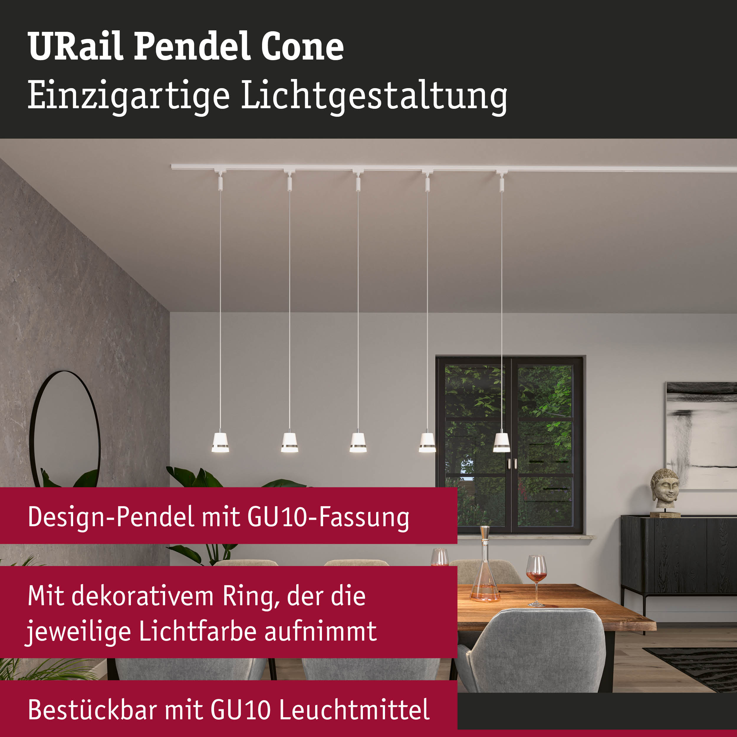 URail Pendel Cone weiße Design-Pendelleuchte mit GU10-Fassung und dekorativem Lichtfarbring im Esszimmer