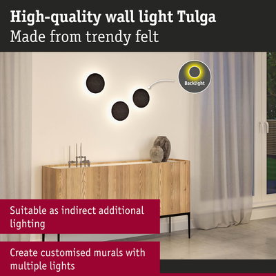 Tulga wall light in black felt with indirect backlight, ideal for custom mural lighting