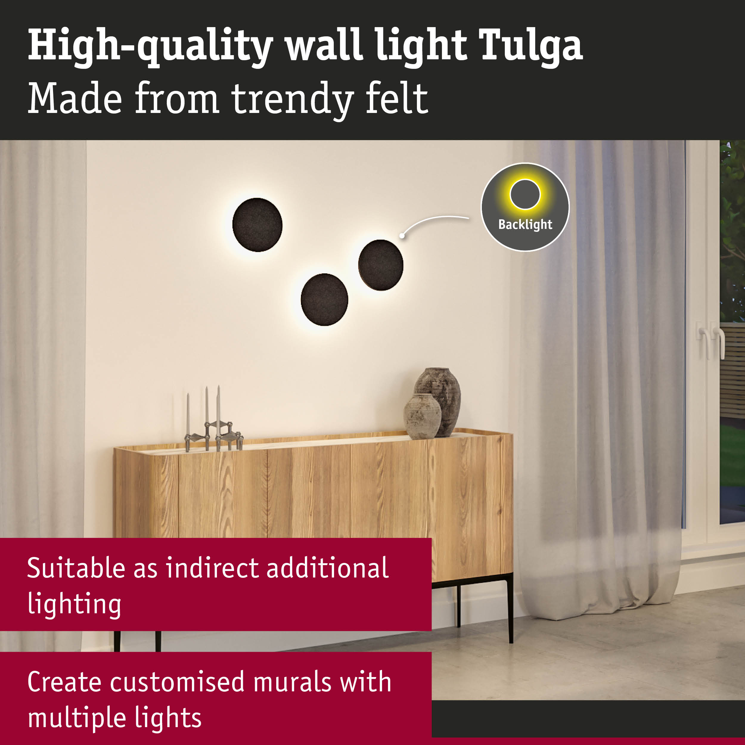 Black felt Tulga wall light with backlight for stylish indirect home lighting