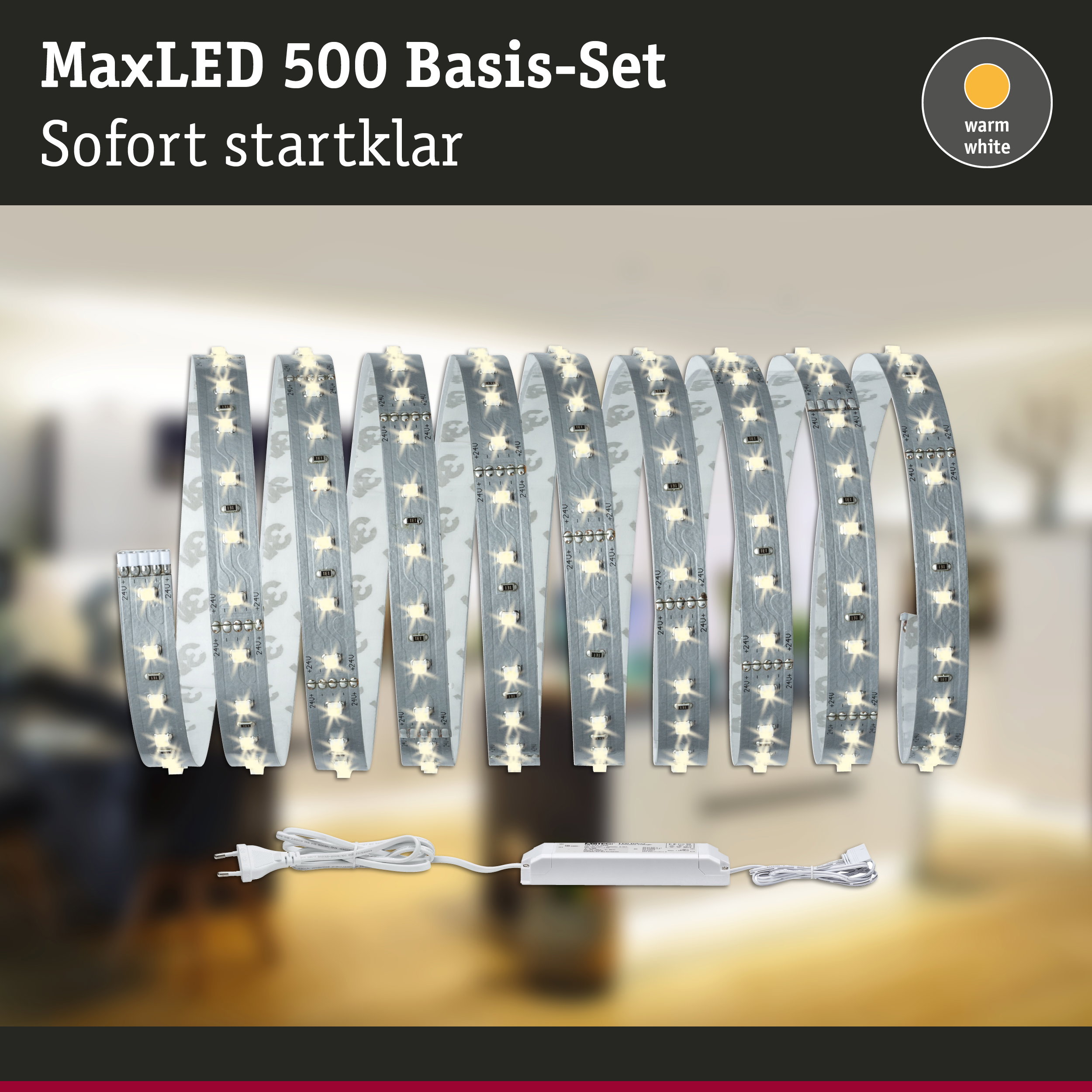 MaxLED 500 LED-Band Basis-Set mit warmweißem Licht und Netzteil für flexible Raumbeleuchtung
