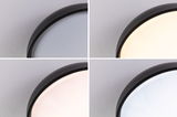 Vier Ansichten einer runden Deckenleuchte mit schwarzem Rahmen und variabler Lichtfarbe für Wohnräume