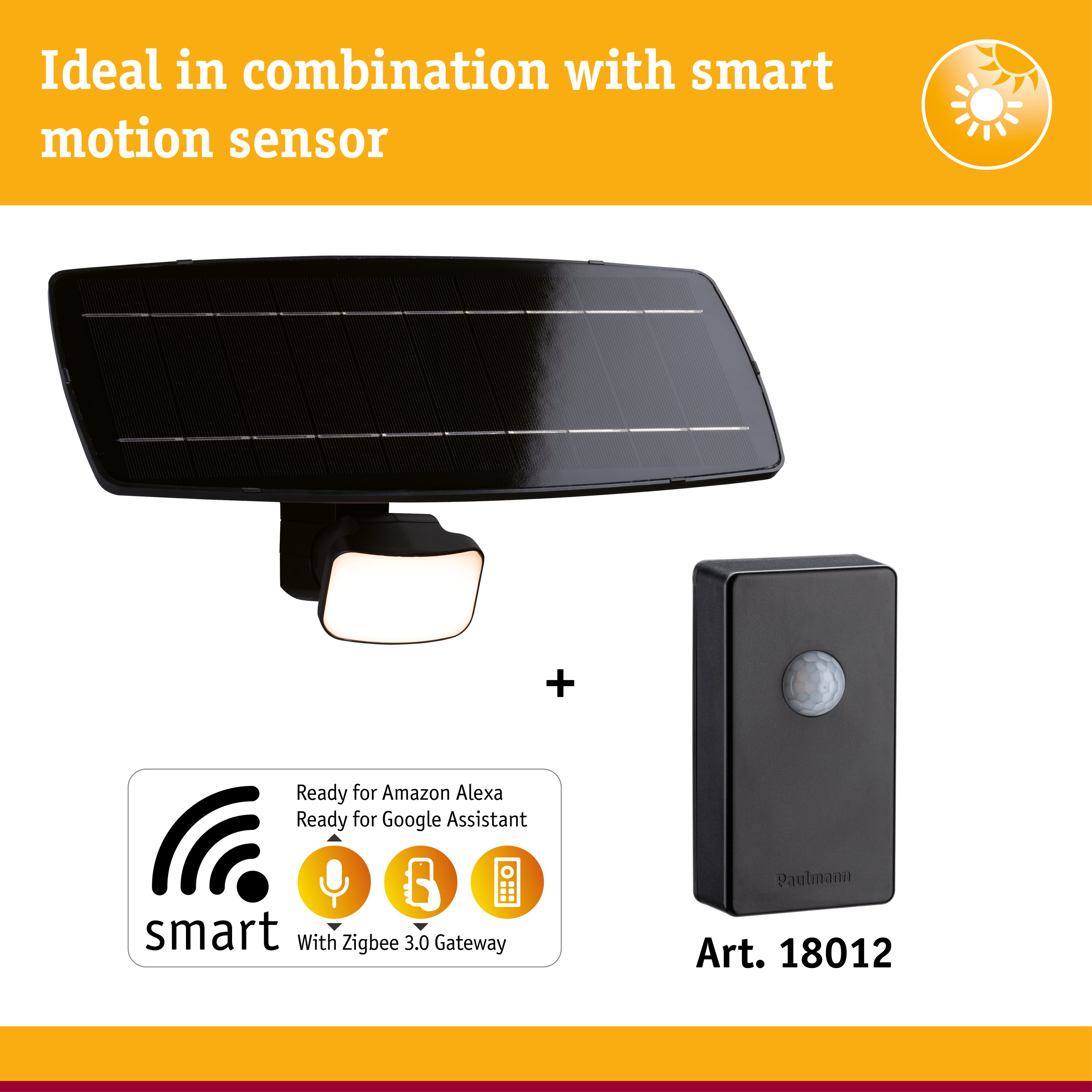 Black solar light with motion sensor and smart Zigbee 3.0 gateway for outdoor lighting
