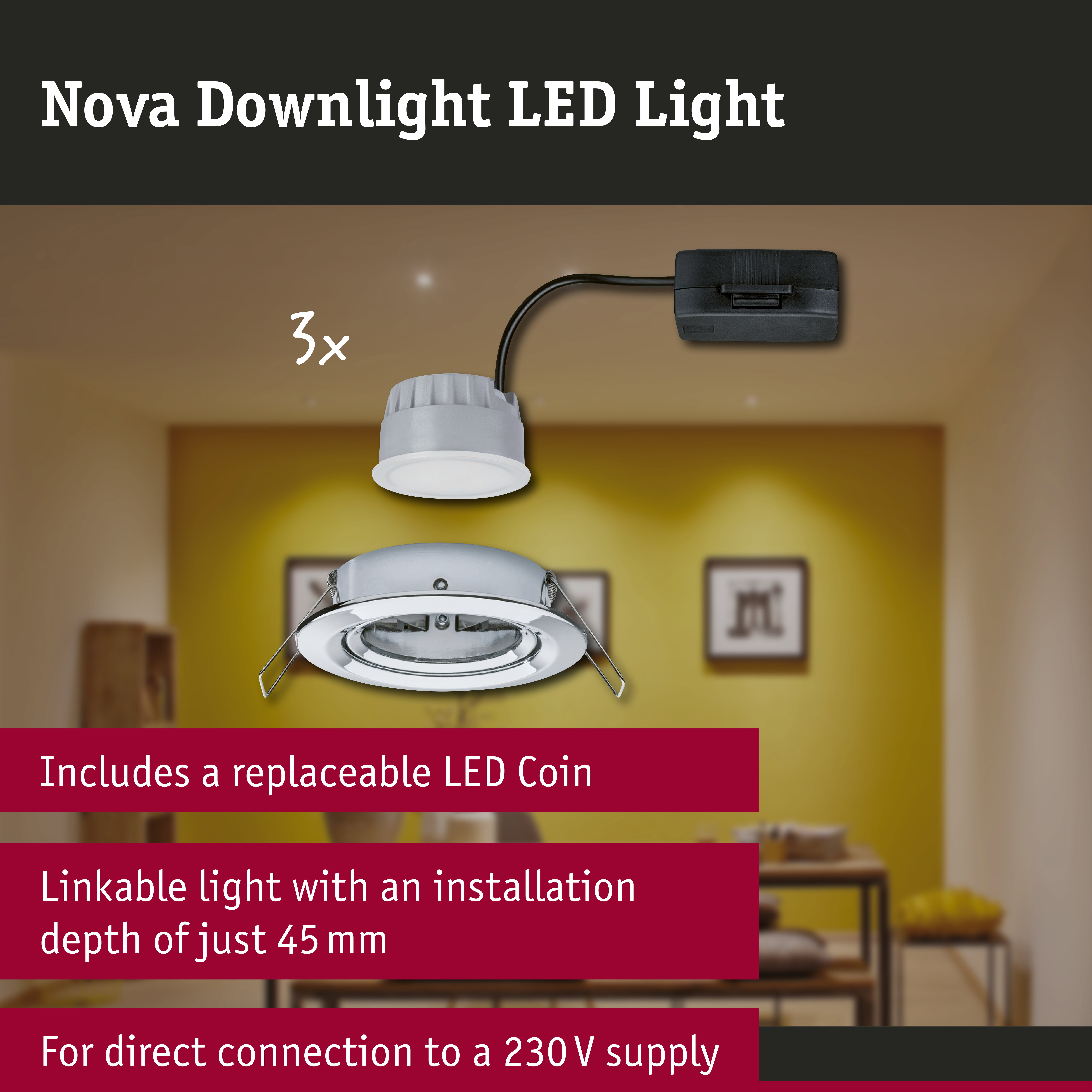 LED Downlight 3-Step-Dim Nova Coin Basic Set Swivelling round 84mm 50° Coin 3x6W 3x470lm 230V dimmable 2700K Chrome