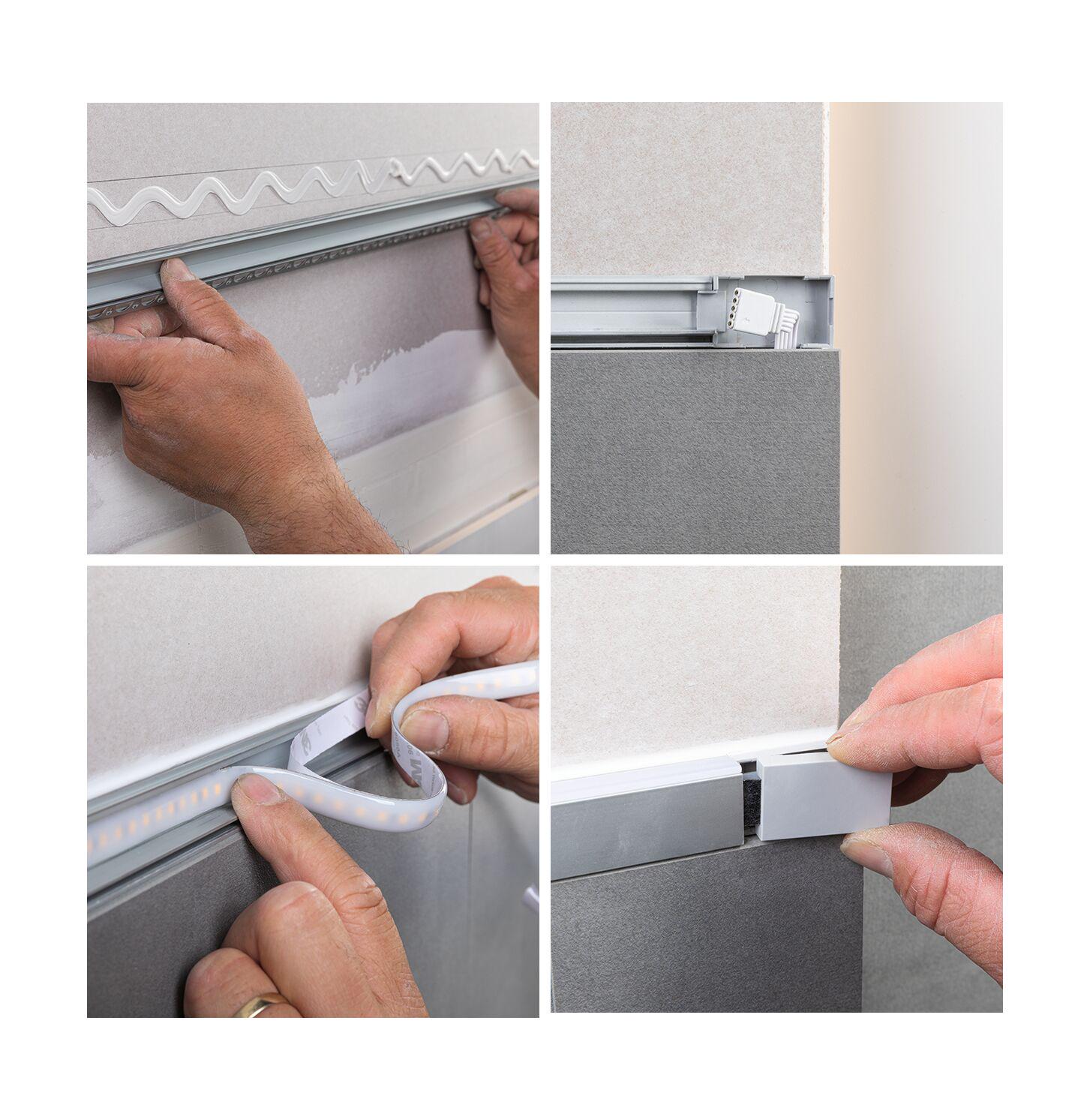 Installation d'une bande LED blanche dans un profilé aluminium sur mur gris avec détails de connexion