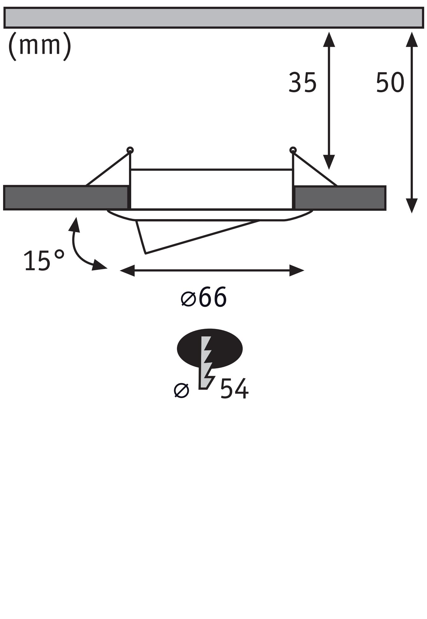 Technical drawing of recessed spotlight with 66 mm diameter and 15-degree tilt for LED lighting