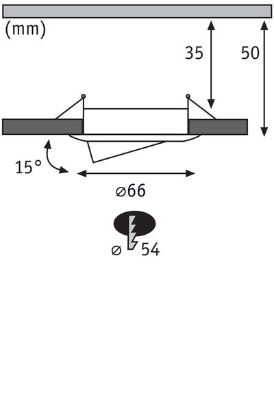 Teknisk tegning af indbygningsspot med 66 mm diameter og 15 graders hældning til LED-belysning