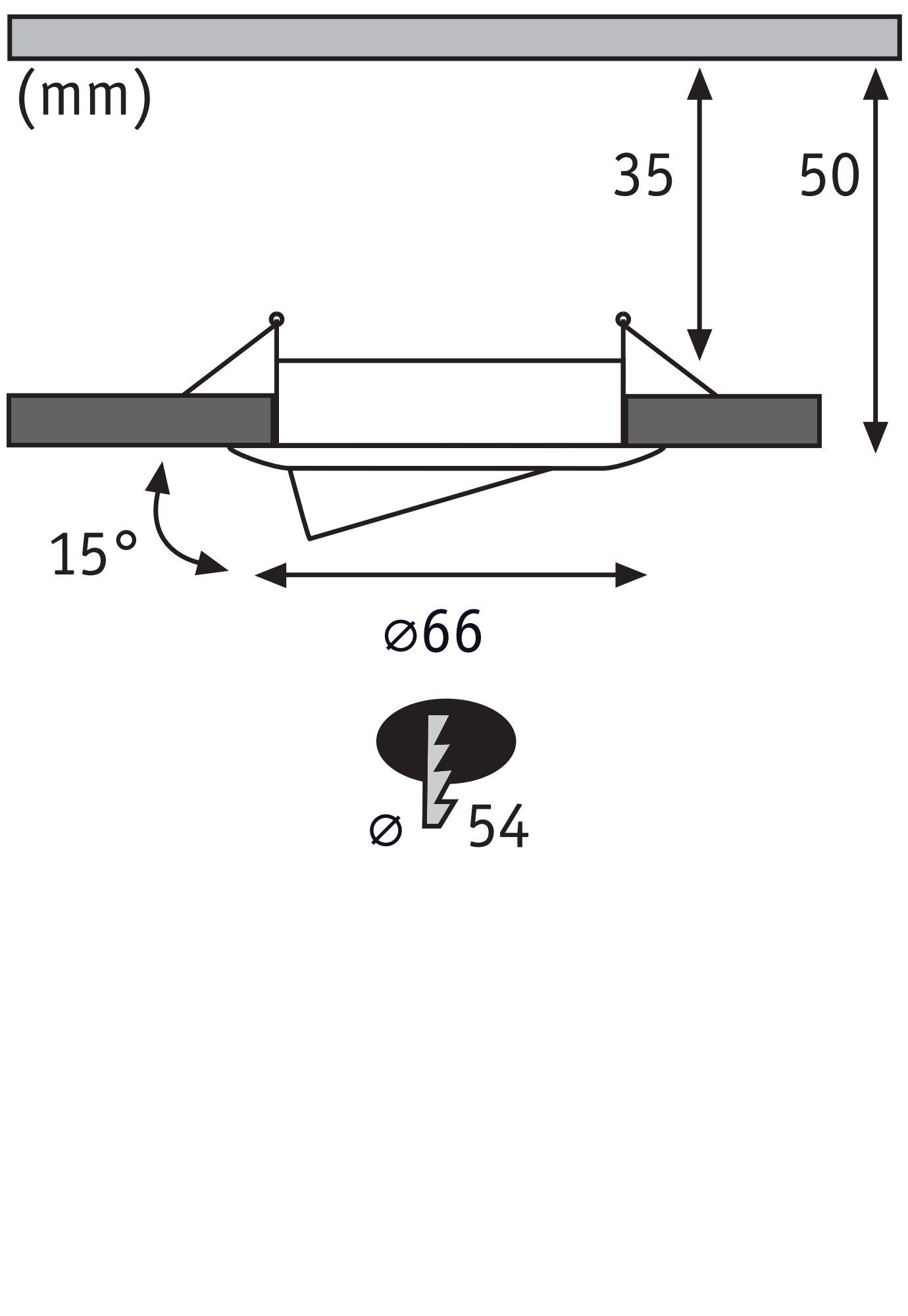Technical drawing of recessed spotlight with 66 mm diameter and 15-degree tilt angle