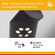 Black solar outdoor light with integrated motion sensor and LED for energy-saving garden lighting