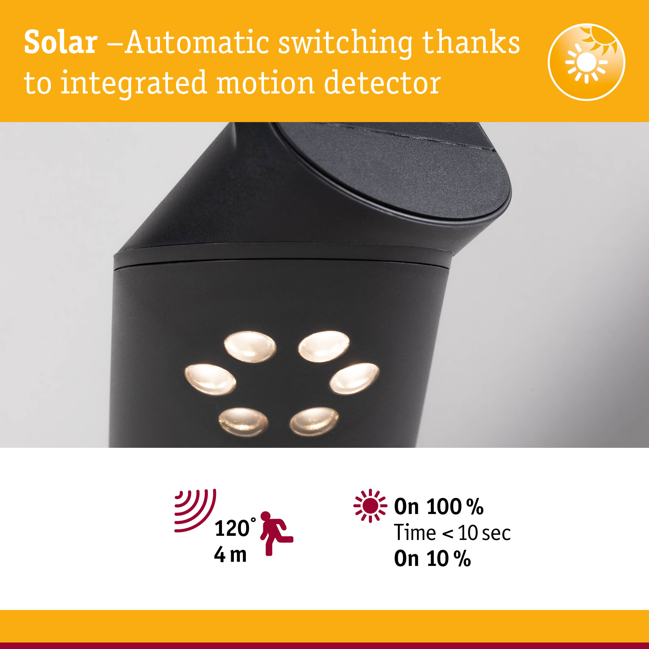 Black solar outdoor light with integrated motion sensor and LED for energy-saving garden lighting