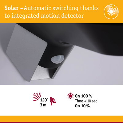 Close-up of black solar motion detector with automatic switching and 120° detection angle for outdoor lighting