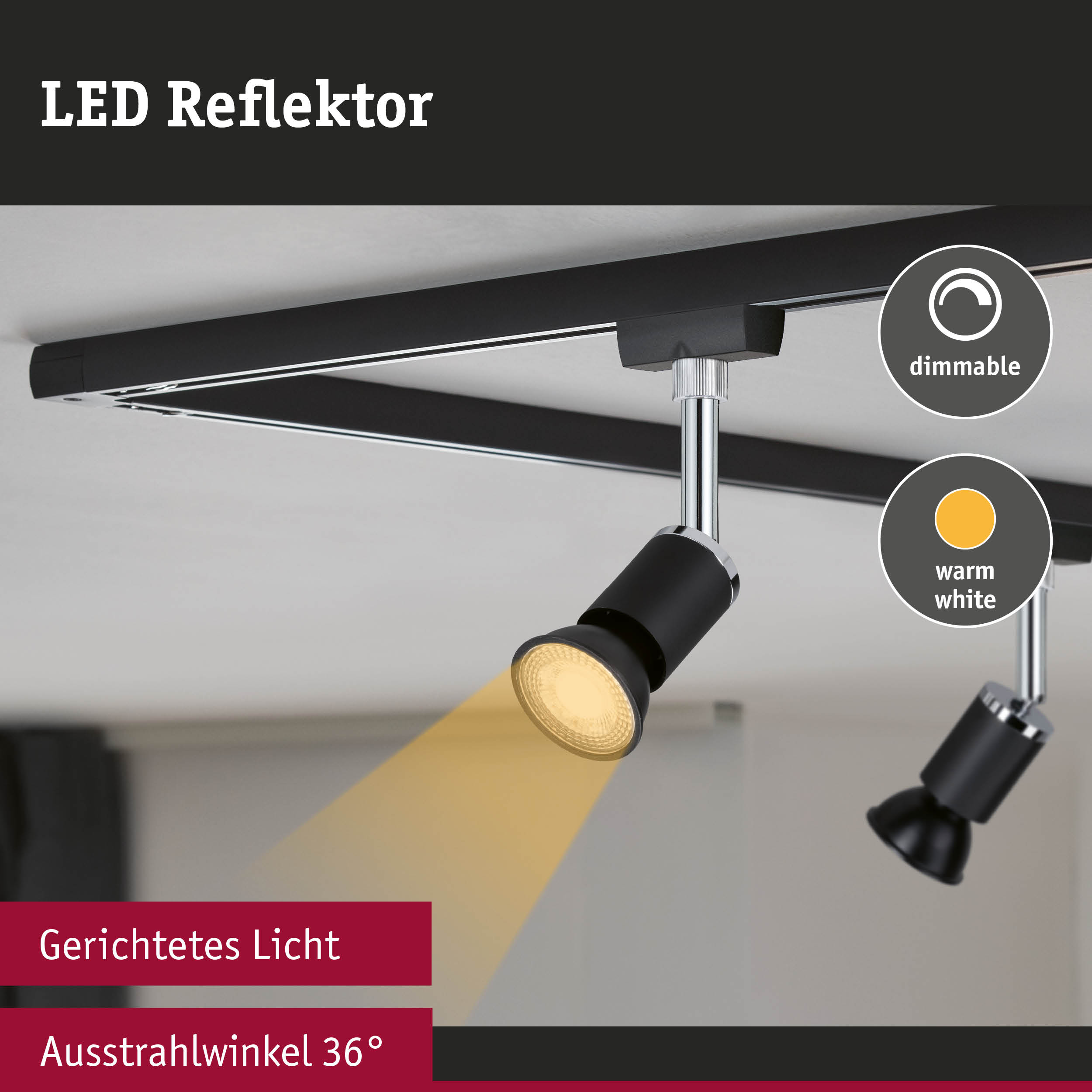 Schwarzer LED Reflektor mit dimmbarer Funktion und warmweißem Licht, gerichteter Strahler mit 36° Abstrahlwinkel