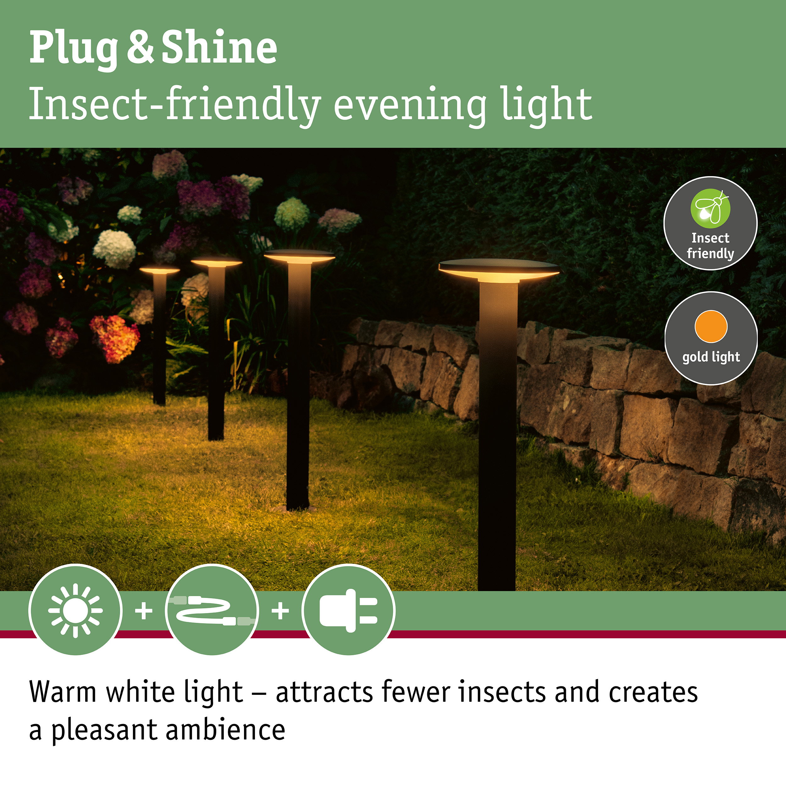 Insect-friendly garden lights with warm white light and black metal housing for outdoor use