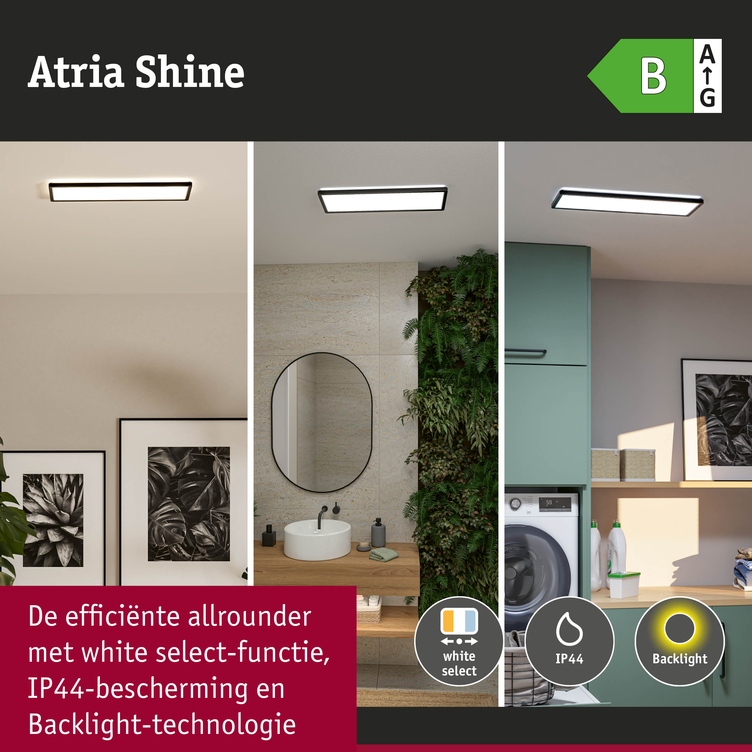 Atria Shine LED-plafondlamp met white select-functie, IP44-bescherming en backlight-technologie