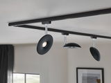 Black metal LED ceiling track with three adjustable spotlights for modern interior lighting