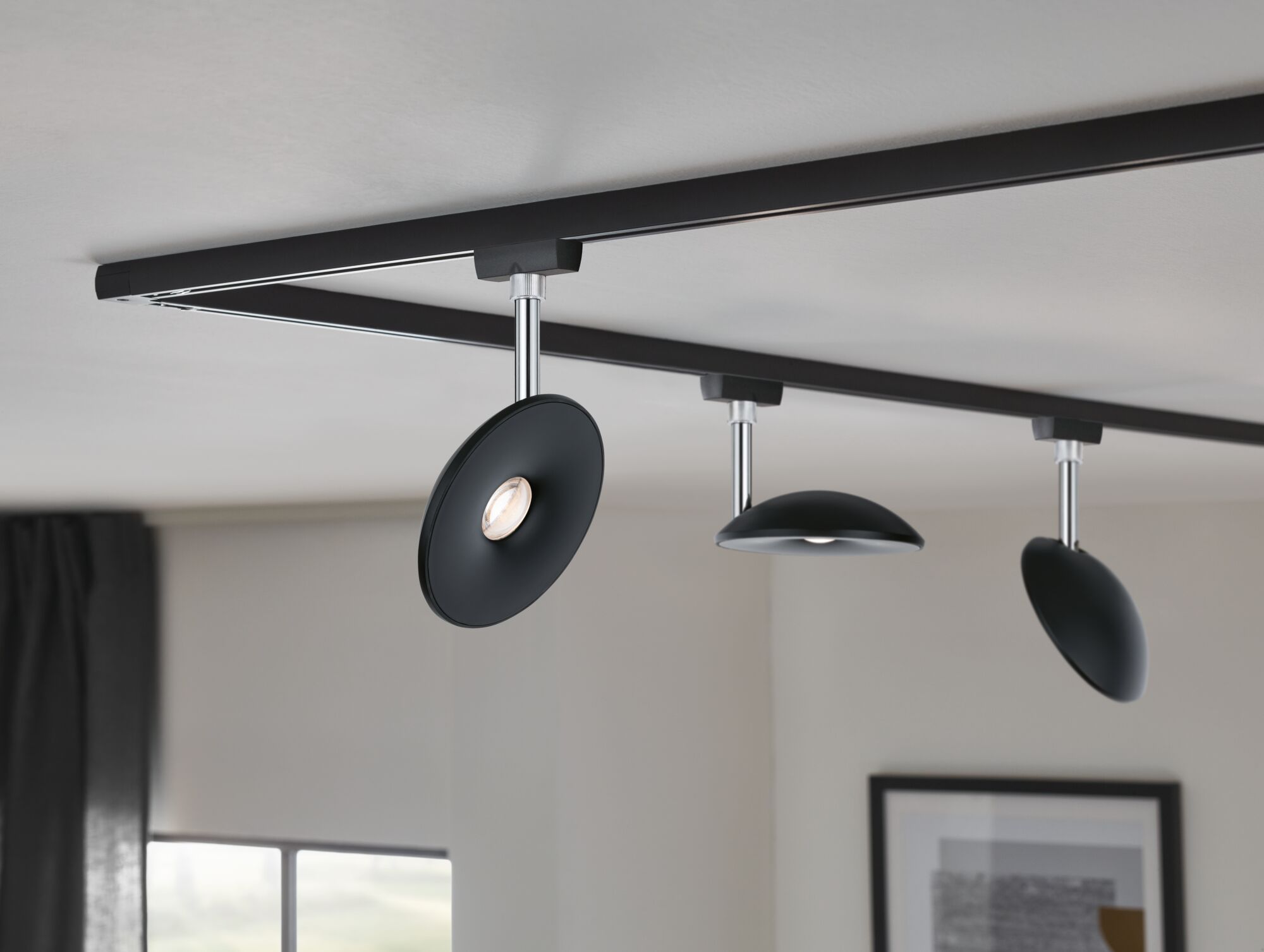 Black LED ceiling light with adjustable round lampshades and metal rods for modern home lighting