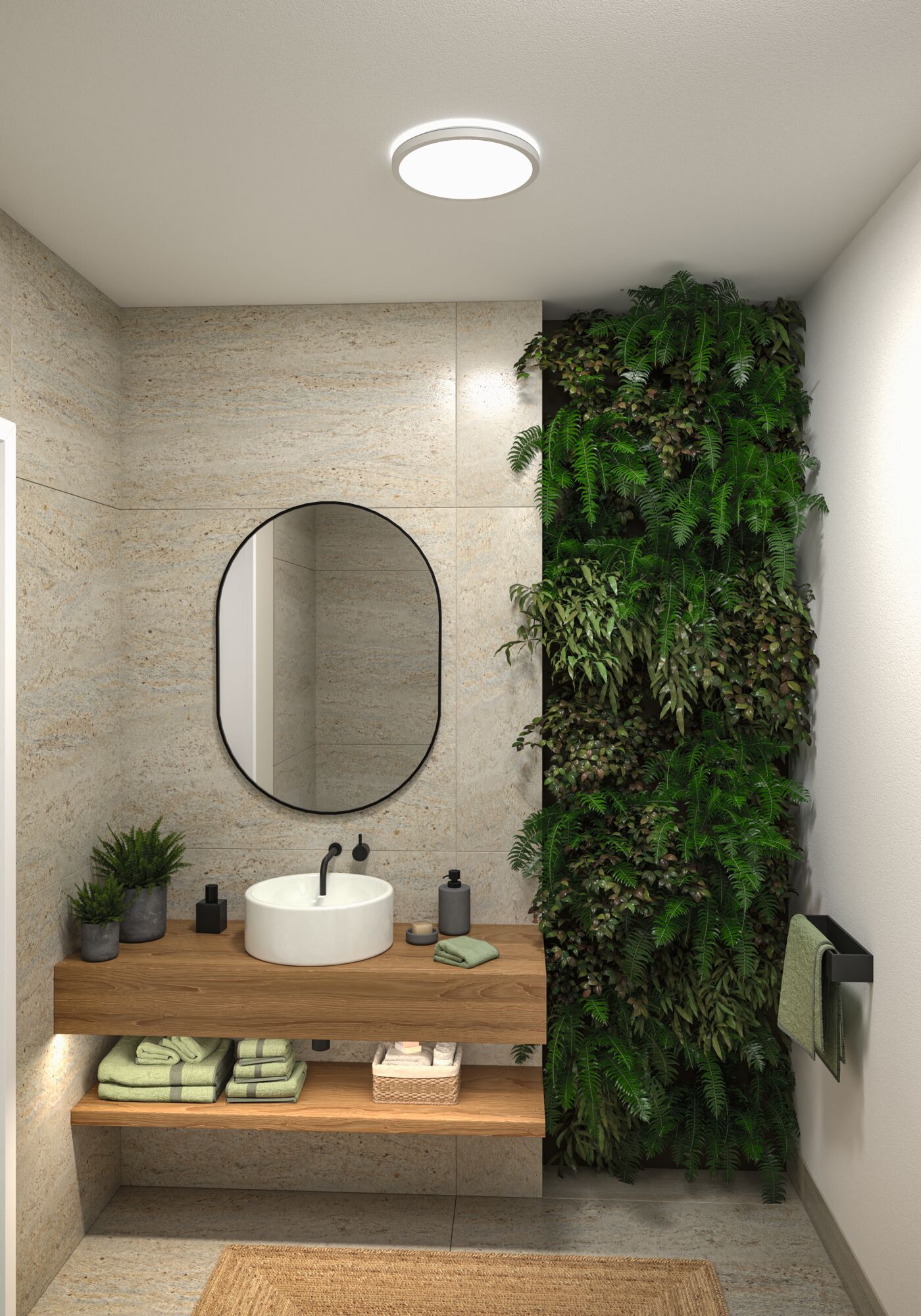 Plafonnier LED rond blanc dans salle de bain moderne avec meuble en bois et mur végétal vert.